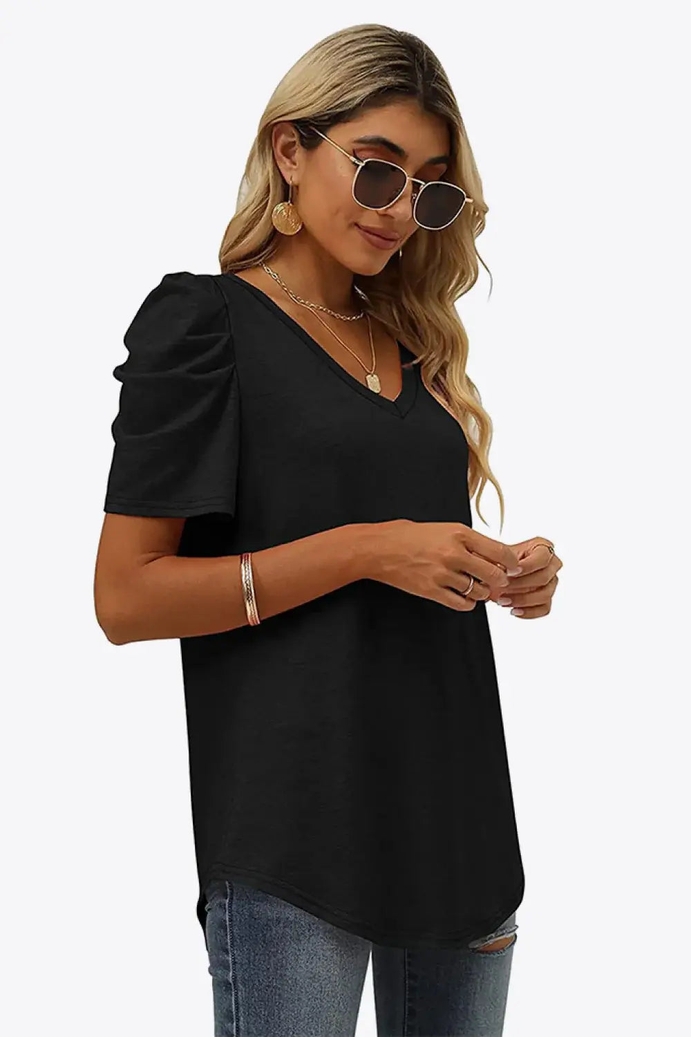 V-Neck Puff Sleeve Tee - Trendsi - Flyclothing LLC