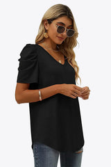 V-Neck Puff Sleeve Tee - Trendsi - Flyclothing LLC