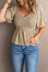 Smocked Balloon Sleeve Peplum Blouse - Trendsi - Flyclothing LLC