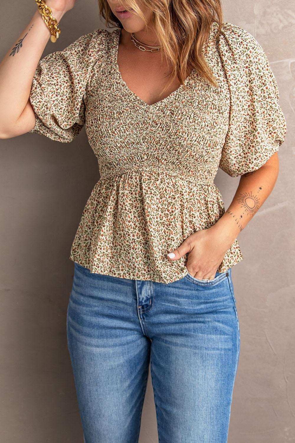 Smocked Balloon Sleeve Peplum Blouse - Trendsi - Flyclothing LLC