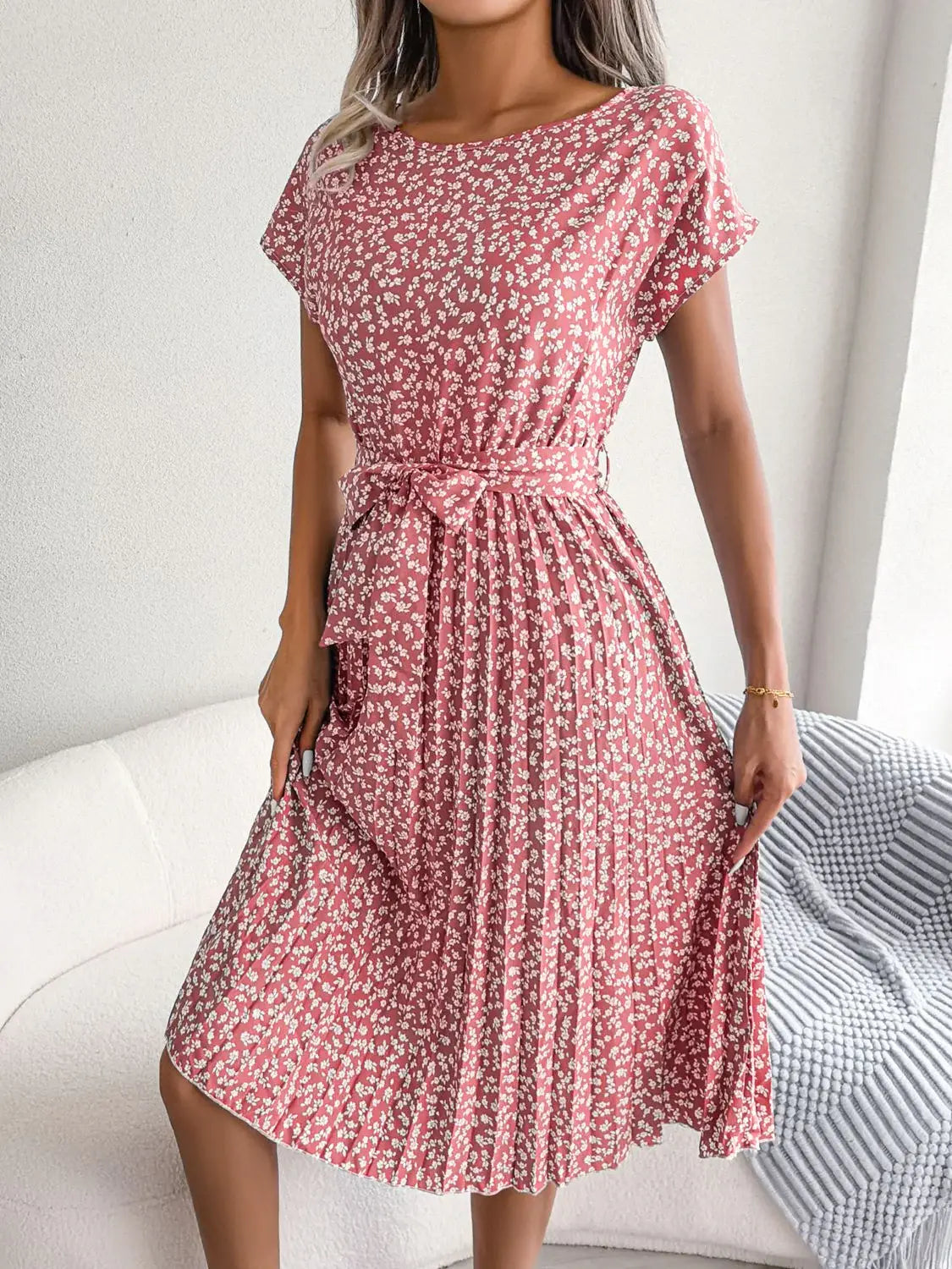 Ditsy Floral Pleated Belted Dress - Trendsi - Flyclothing LLC