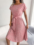 Ditsy Floral Pleated Belted Dress - Trendsi