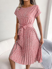 Ditsy Floral Pleated Belted Dress - Trendsi