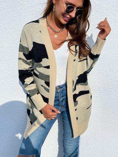 Camouflaged Dropped Shoulder Open Front Cardigan - Trendsi - Flyclothing LLC