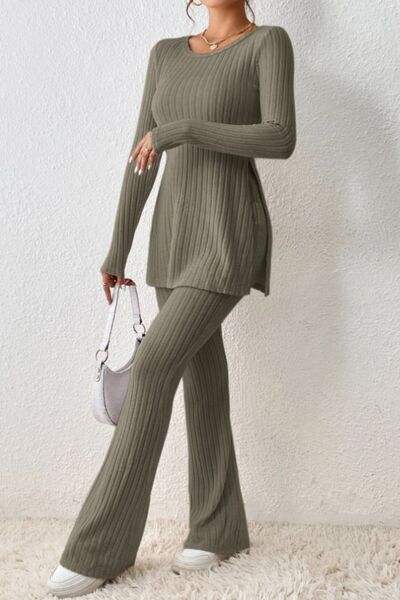 Ribbed Long Sleeve Slit Top and Bootcut Pants Set - Trendsi - Flyclothing LLC