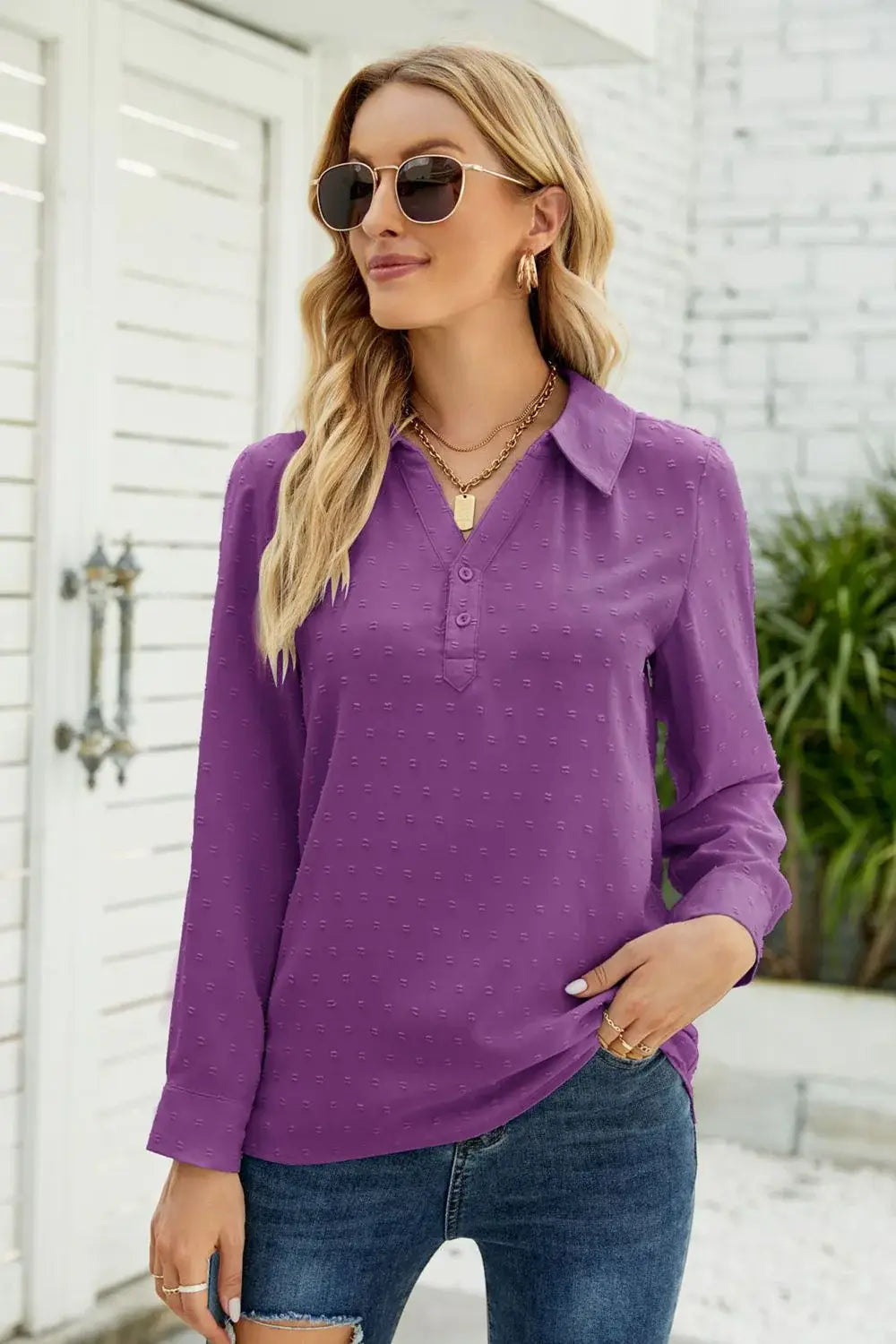 Swiss Dot Johnny Collar Blouse - Trendsi - Flyclothing LLC