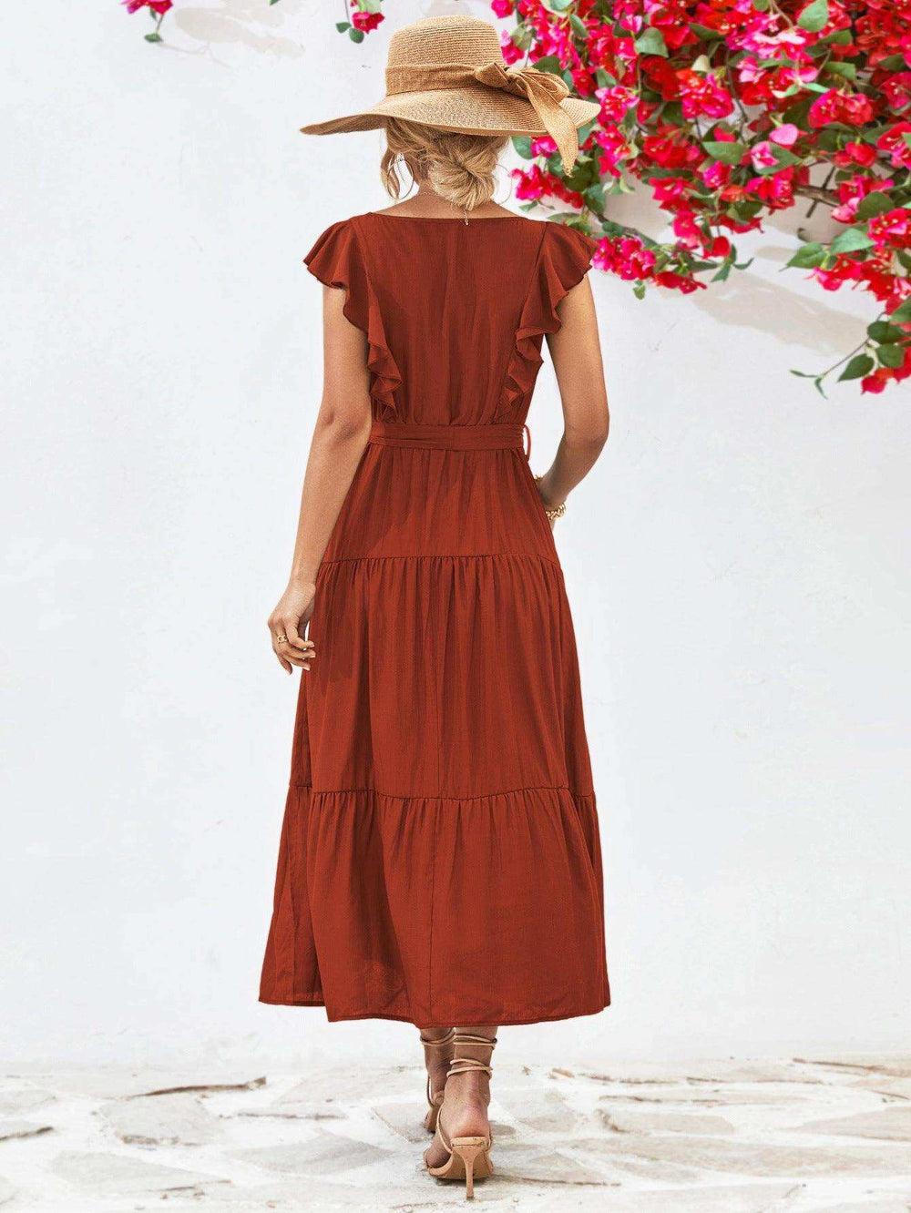 Tie Belt Ruffled Tiered Dress - Trendsi - Flyclothing LLC