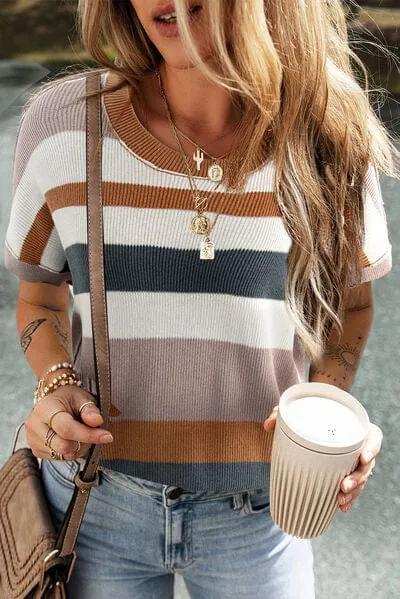 Round Neck Short Sleeve Sweater - Trendsi - Flyclothing LLC