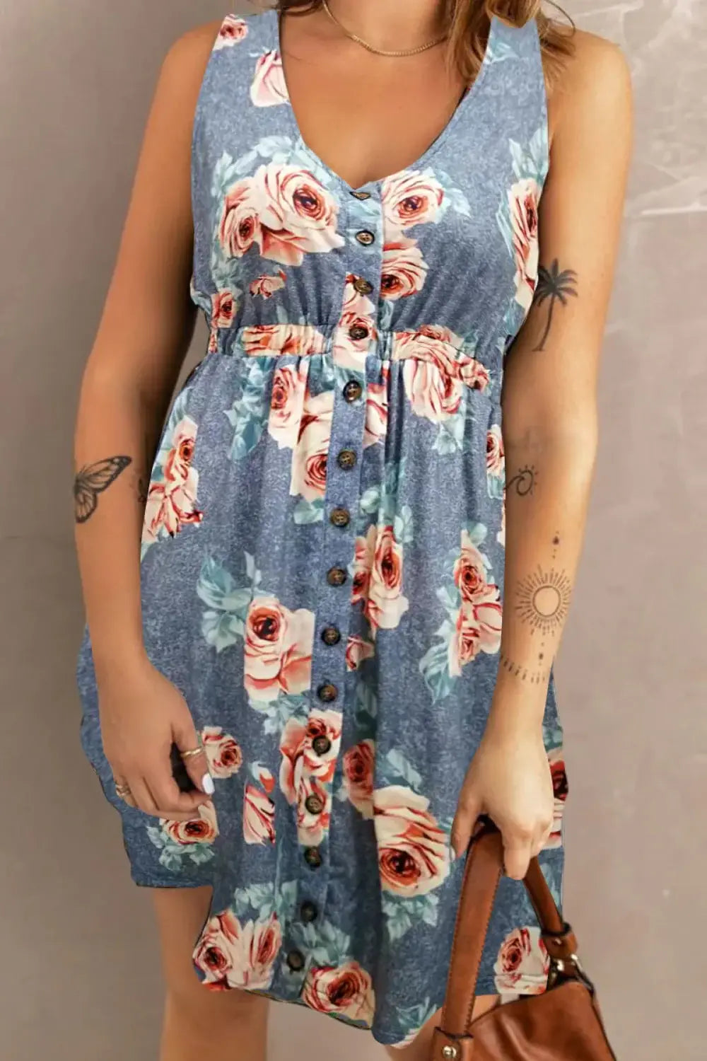 Double Take Printed Scoop Neck Sleeveless Buttoned Magic Dress with Pockets - Trendsi - Flyclothing LLC