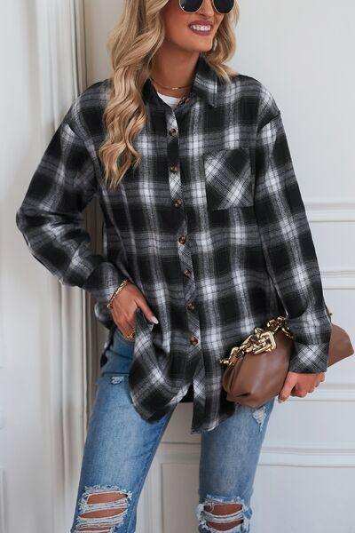 Plaid Button Up Dropped Shoulder Outerwear - Trendsi - Flyclothing LLC
