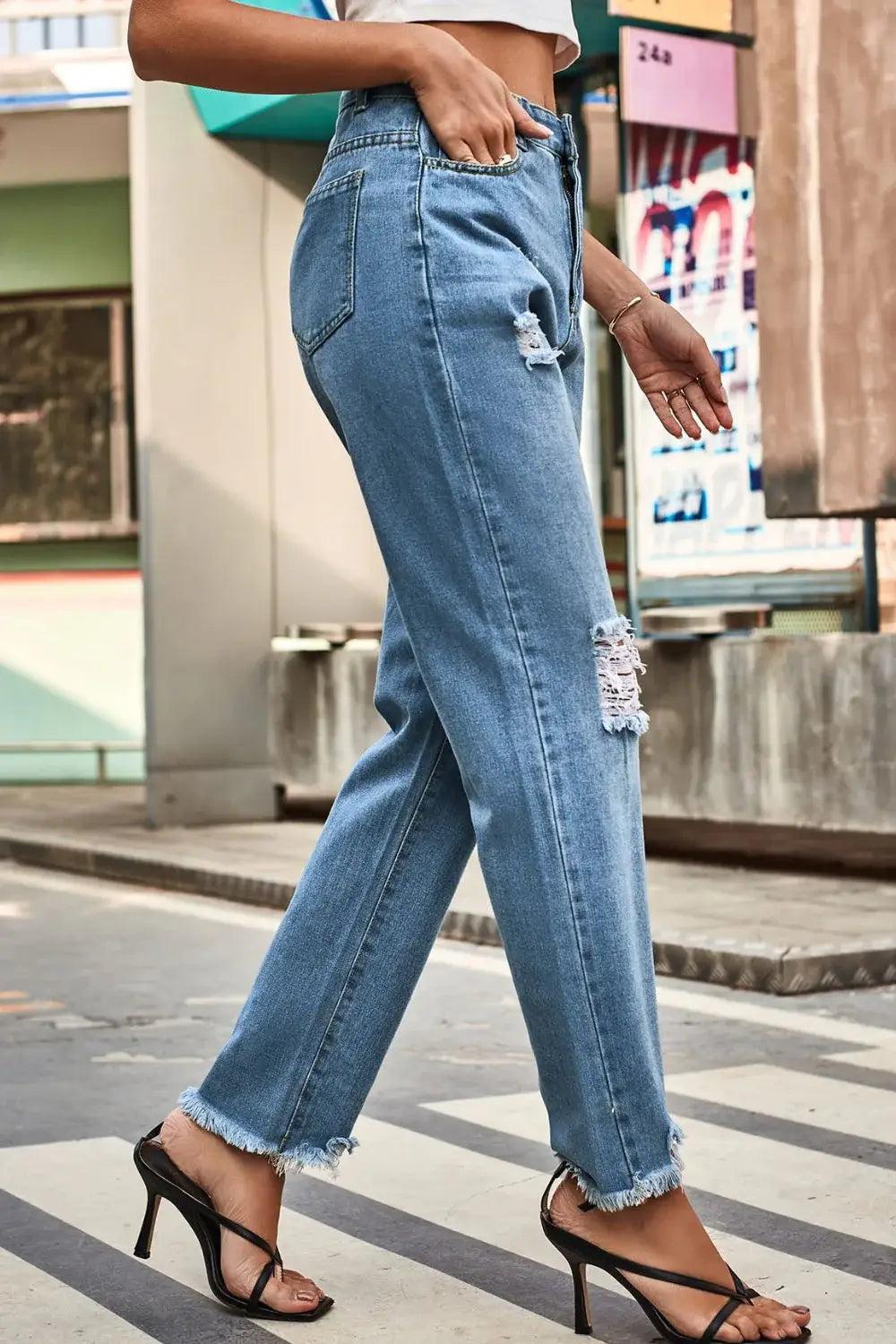 Distresssed Buttoned Loose Fit Jeans - Trendsi - Flyclothing LLC