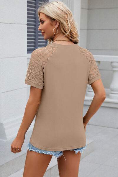 Openwork Round Neck Short Sleeve T-Shirt - Trendsi - Flyclothing LLC
