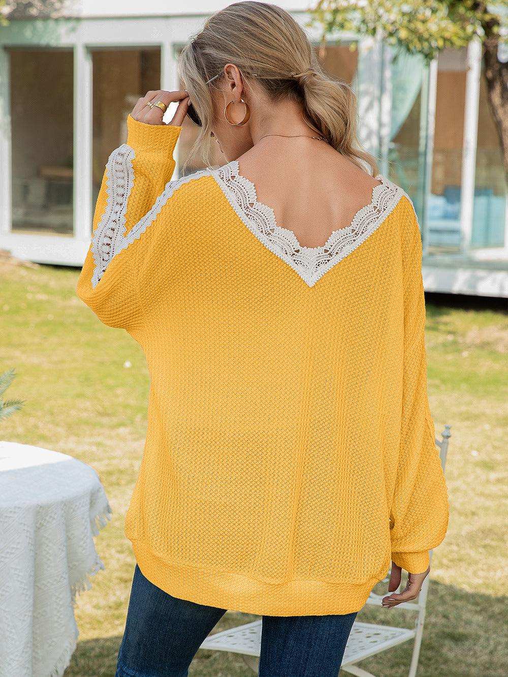Contrast Spliced Lace V-Neck Top - Trendsi - Flyclothing LLC