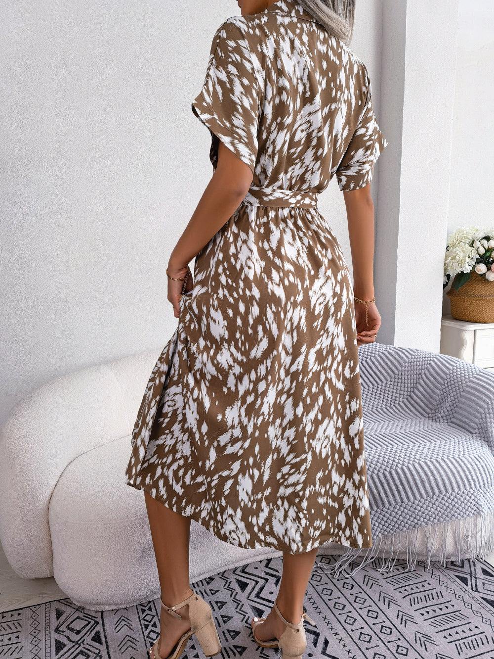 Printed Collared Neck Short Sleeve Tie Waist Dress - Trendsi