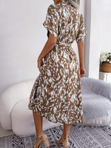 Printed Collared Neck Short Sleeve Tie Waist Dress - Trendsi - Flyclothing LLC