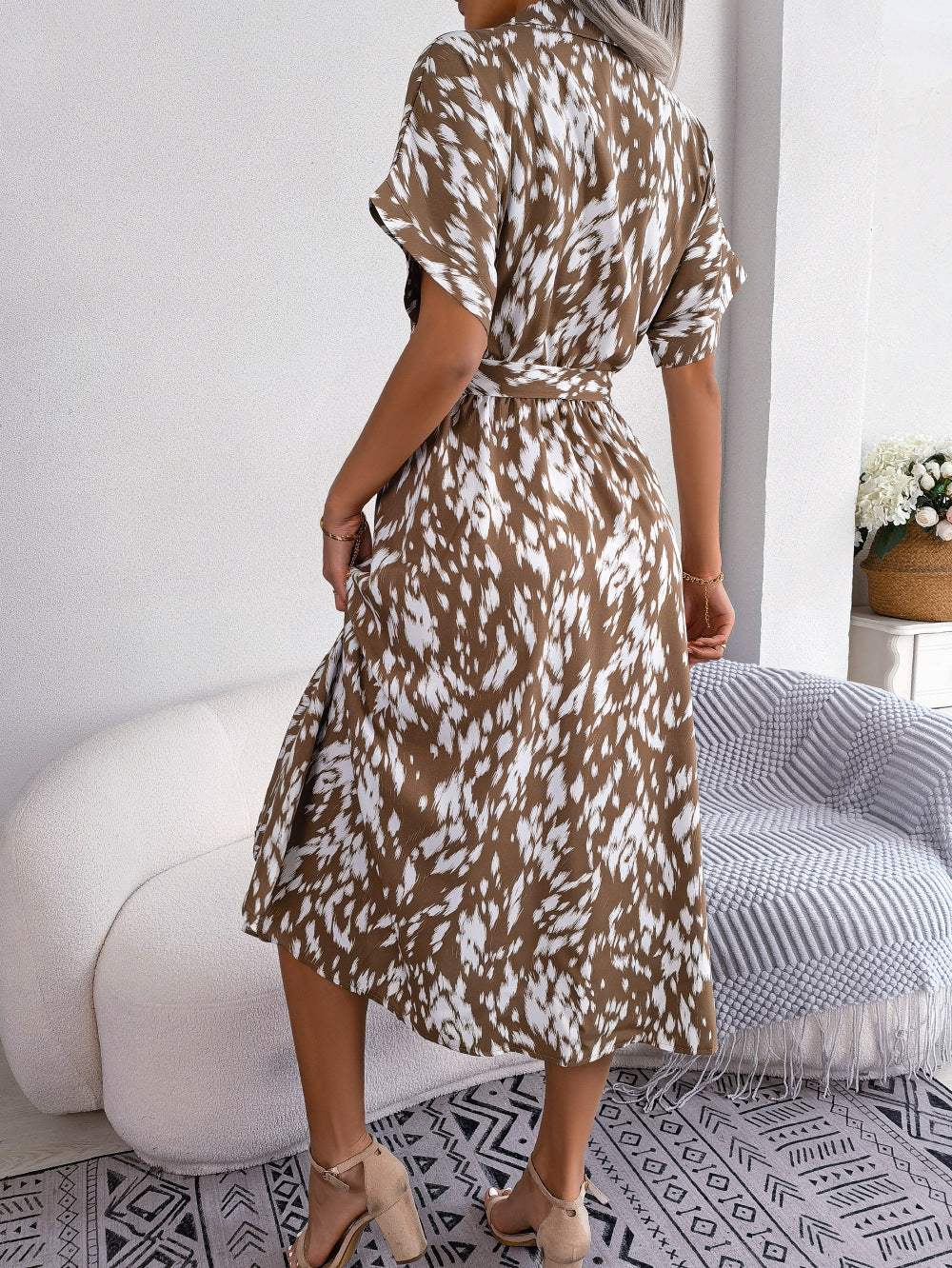 Printed Collared Neck Short Sleeve Tie Waist Dress - Trendsi - Flyclothing LLC