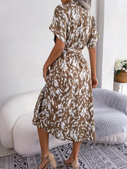 Printed Collared Neck Short Sleeve Tie Waist Dress - Trendsi