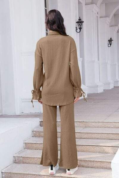 Drawstring Flounce Sleeve Shirt and Pants Set - Trendsi - Flyclothing LLC