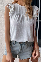 Swiss Dot Tassel Detail Round Neck Blouse - Trendsi - Flyclothing LLC