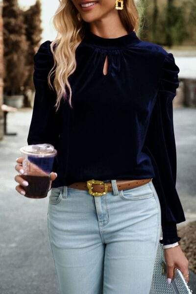 Tie Up Mock Neck Velvet Fabric Long Sleeve Blouse - Trendsi - Flyclothing LLC
