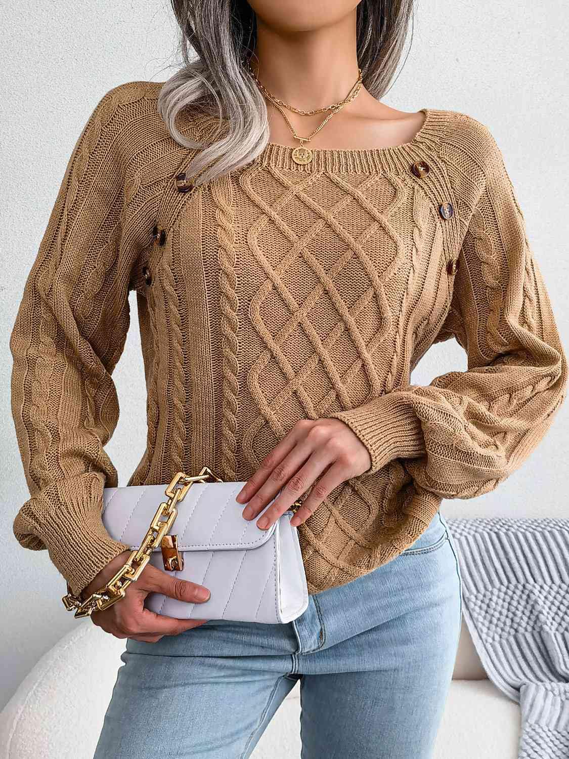 Decorative Button Cable-Knit Sweater - Trendsi