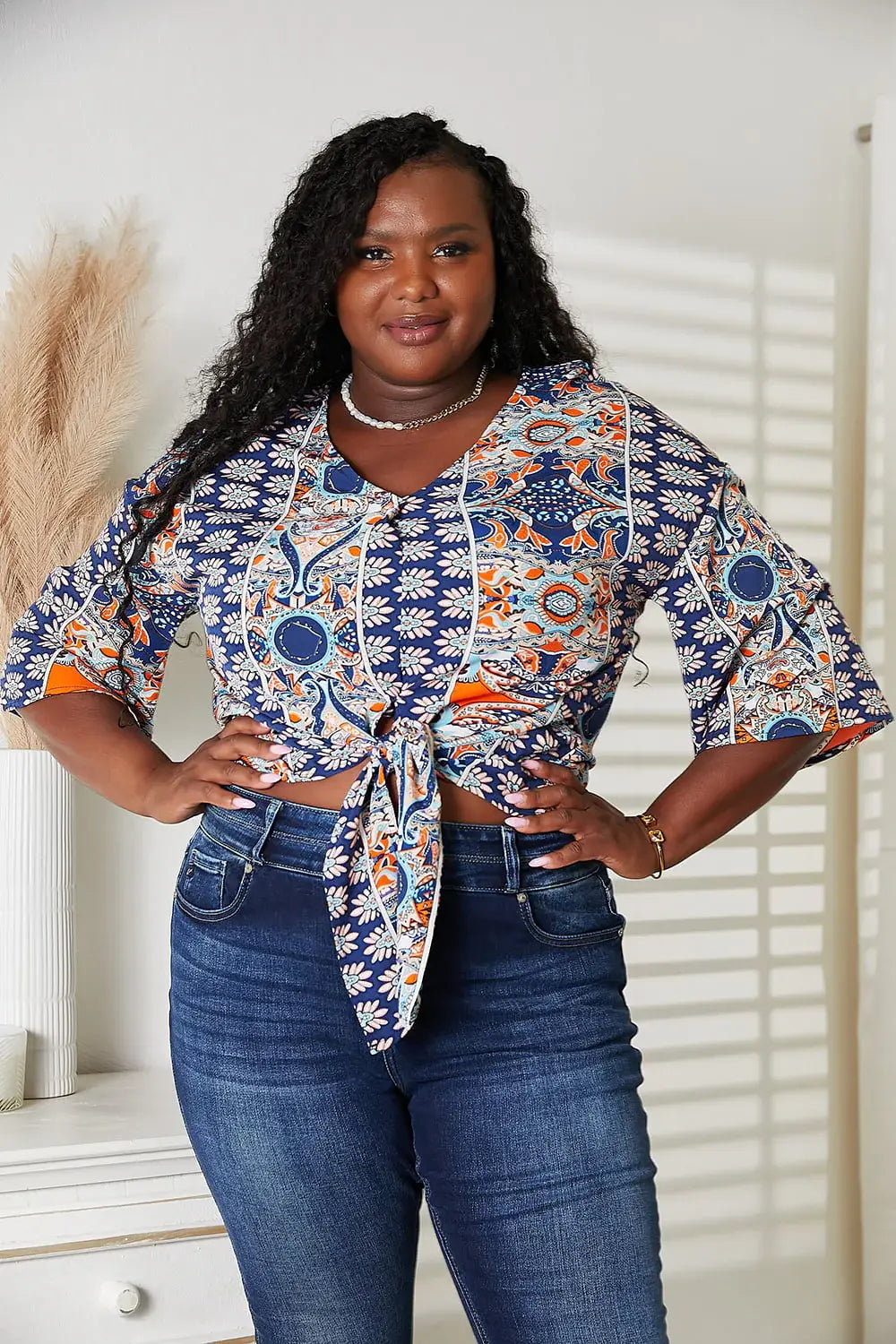 Double Take Tie Hem V-Neck Three-Quarter Sleeve Blouse - Trendsi - Flyclothing LLC