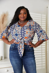 Double Take Tie Hem V-Neck Three-Quarter Sleeve Blouse - Trendsi - Flyclothing LLC