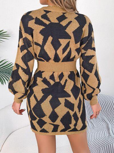 Contrast Round Neck Cutout Long Sleeve Mini Sweater Dress - Trendsi