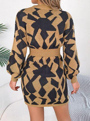 Contrast Round Neck Cutout Long Sleeve Mini Sweater Dress - Trendsi