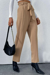 Belted Straight Leg Pants with Pockets - Trendsi