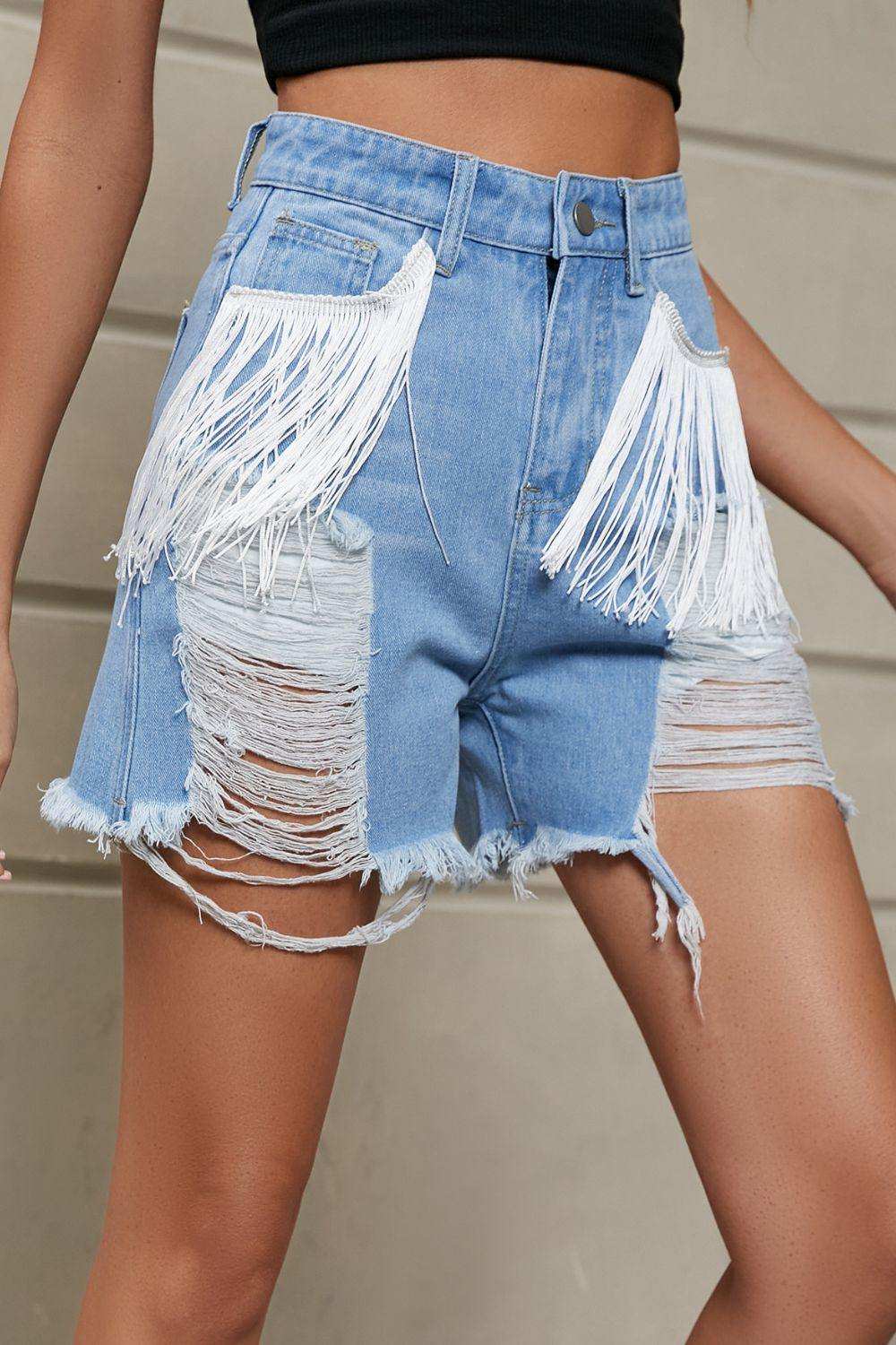 Fringe Trim Distressed Denim Shorts with Pockets - Trendsi - Flyclothing LLC