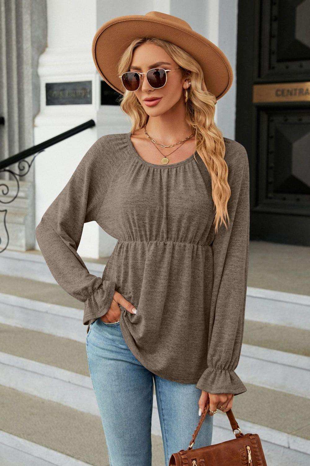Round Neck Flounce Sleeve Blouse - Trendsi - Flyclothing LLC
