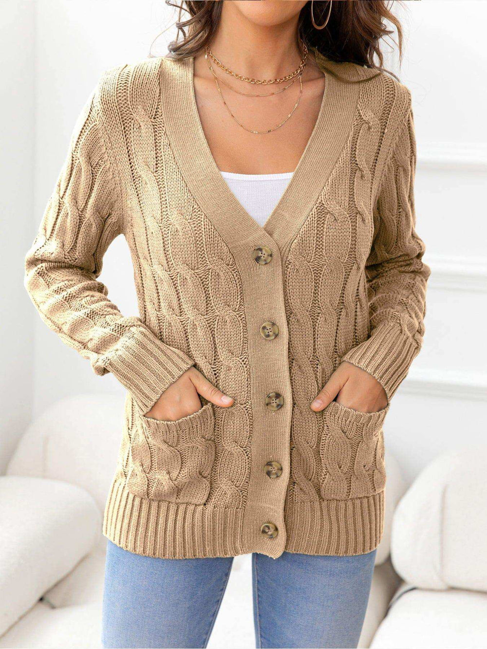 Button Down Cable-Knit Cardigan - Trendsi - Flyclothing LLC