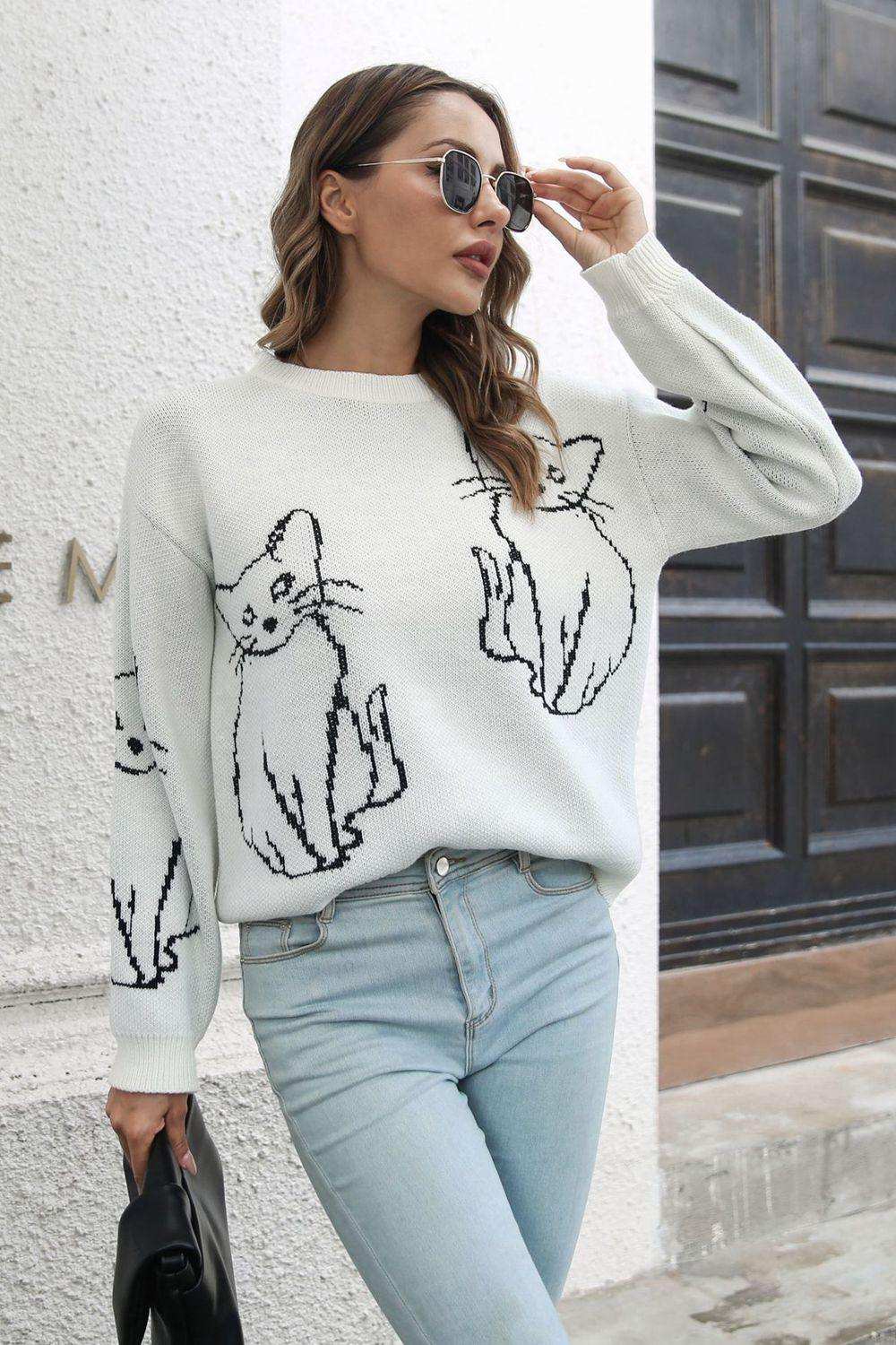 Cat Pattern Round Neck Long Sleeve Pullover Sweater - Trendsi - Flyclothing LLC
