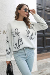 Cat Pattern Round Neck Long Sleeve Pullover Sweater - Trendsi