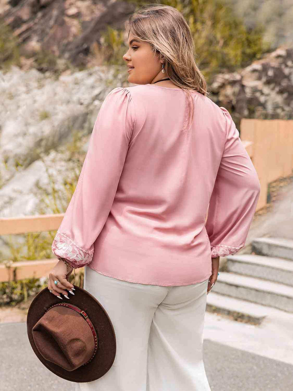 Plus Size Tie Neck Puff Sleeve Blouse - Trendsi - Flyclothing LLC