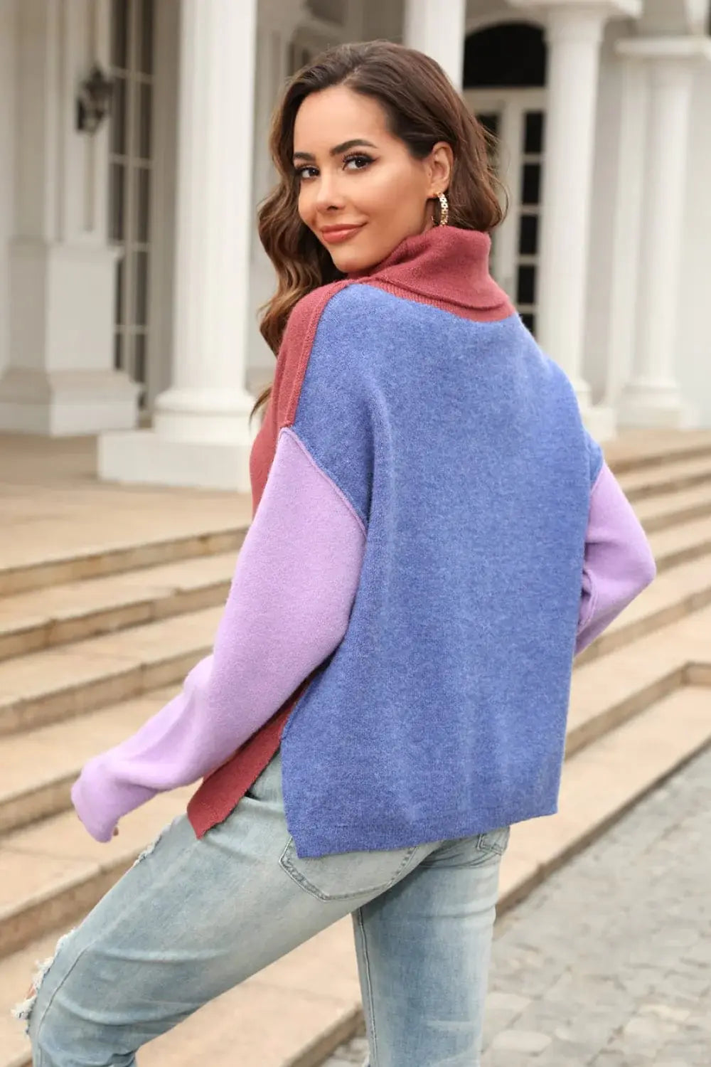 Color Block Turtleneck Slit Sweater - Trendsi - Flyclothing LLC