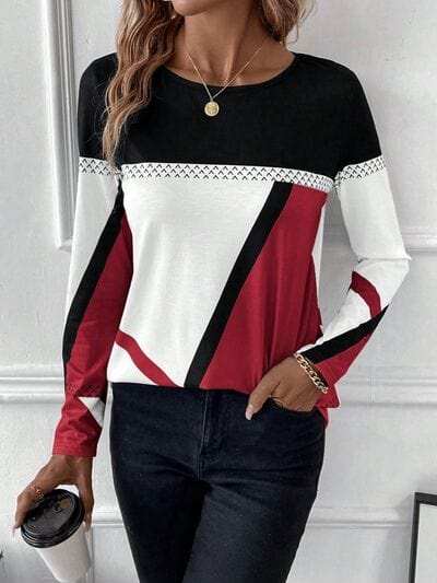Contrast Round Neck Long Sleeve T-Shirt - Trendsi - Flyclothing LLC