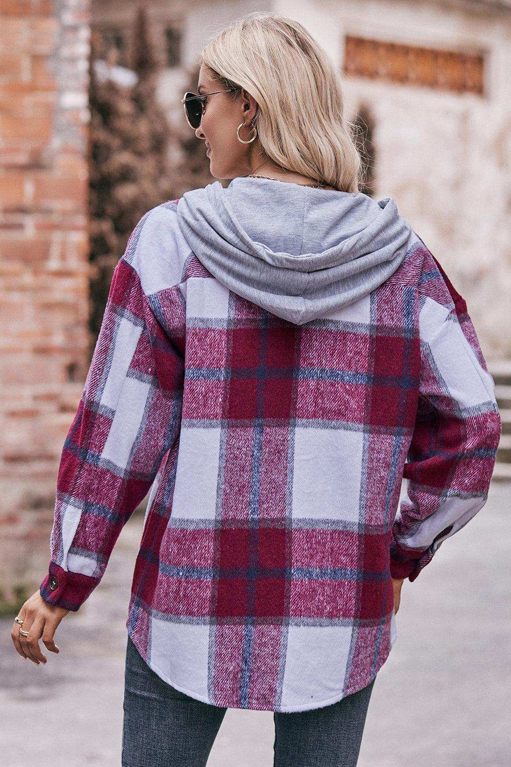 Plaid Dropped Shoulder Hooded Jacket - Trendsi - Flyclothing LLC