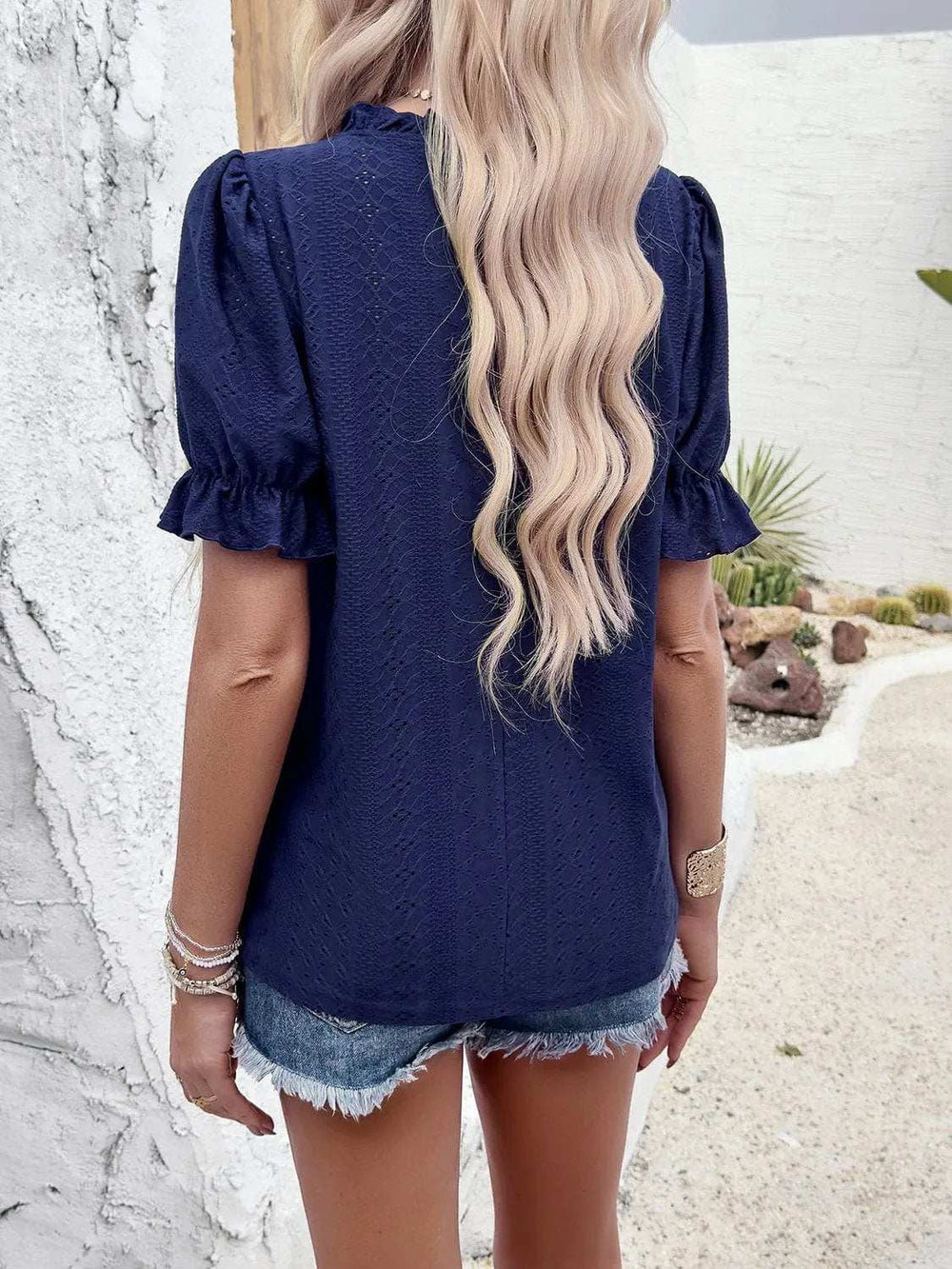 Eyelet Mock Neck Flounce Sleeve Blouse - Trendsi - Flyclothing LLC