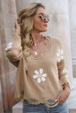 Flower Distressed Ribbed Trim Sweater - Trendsi - Flyclothing LLC