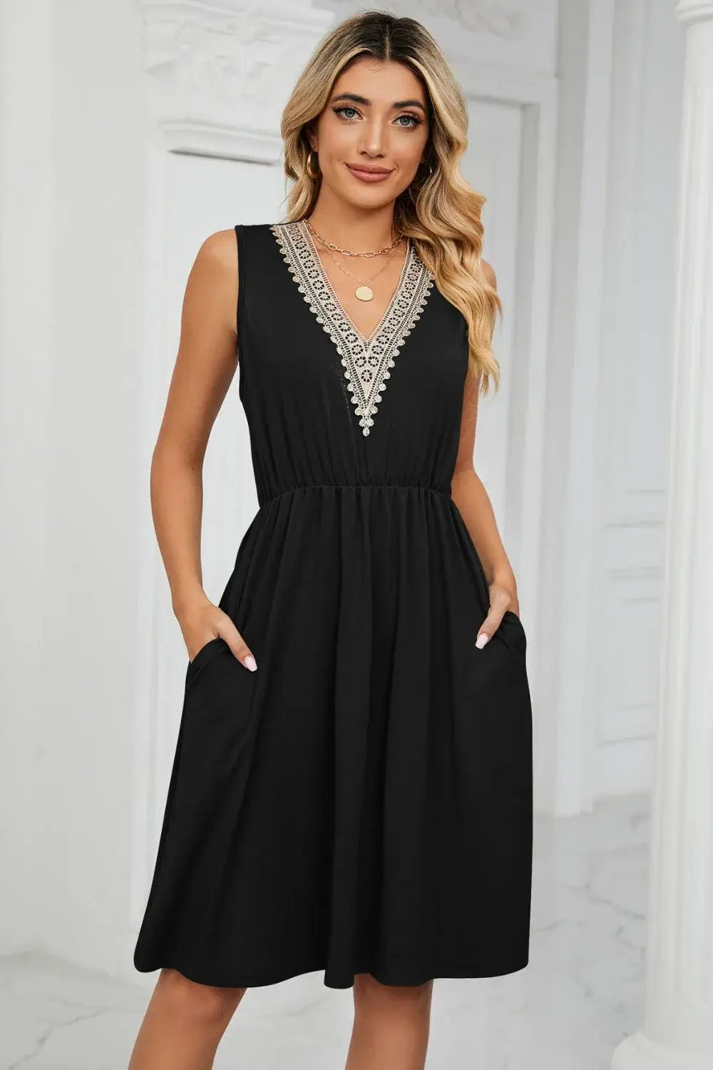 Contrast V-Neck Sleeveless Dress - Trendsi - Flyclothing LLC