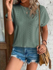 Eyelet Round Neck Short Sleeve T-Shirt - Trendsi