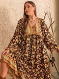 Plus Size Printed V-Neck Balloon Sleeve Dress - Trendsi - Flyclothing LLC