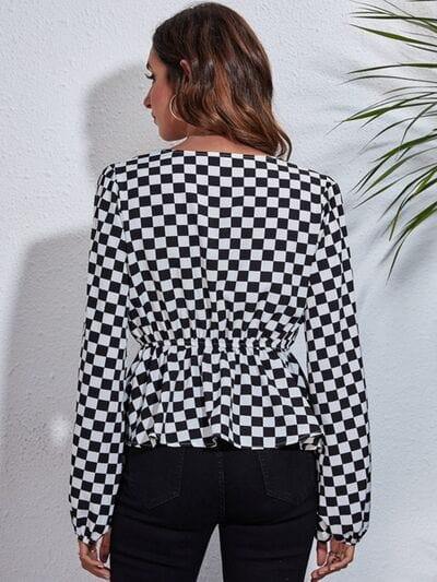 Checkered V-Neck Balloon Sleeve Peplum Blouse - Trendsi