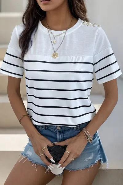 Decorative Button Striped Short Sleeve T-Shirt - Trendsi