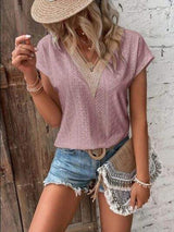 Eyelet V-Neck Short Sleeve T-Shirt - Trendsi - Flyclothing LLC