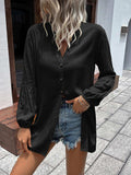 Notched Neck Balloon Sleeve Shirt - Trendsi - Flyclothing LLC