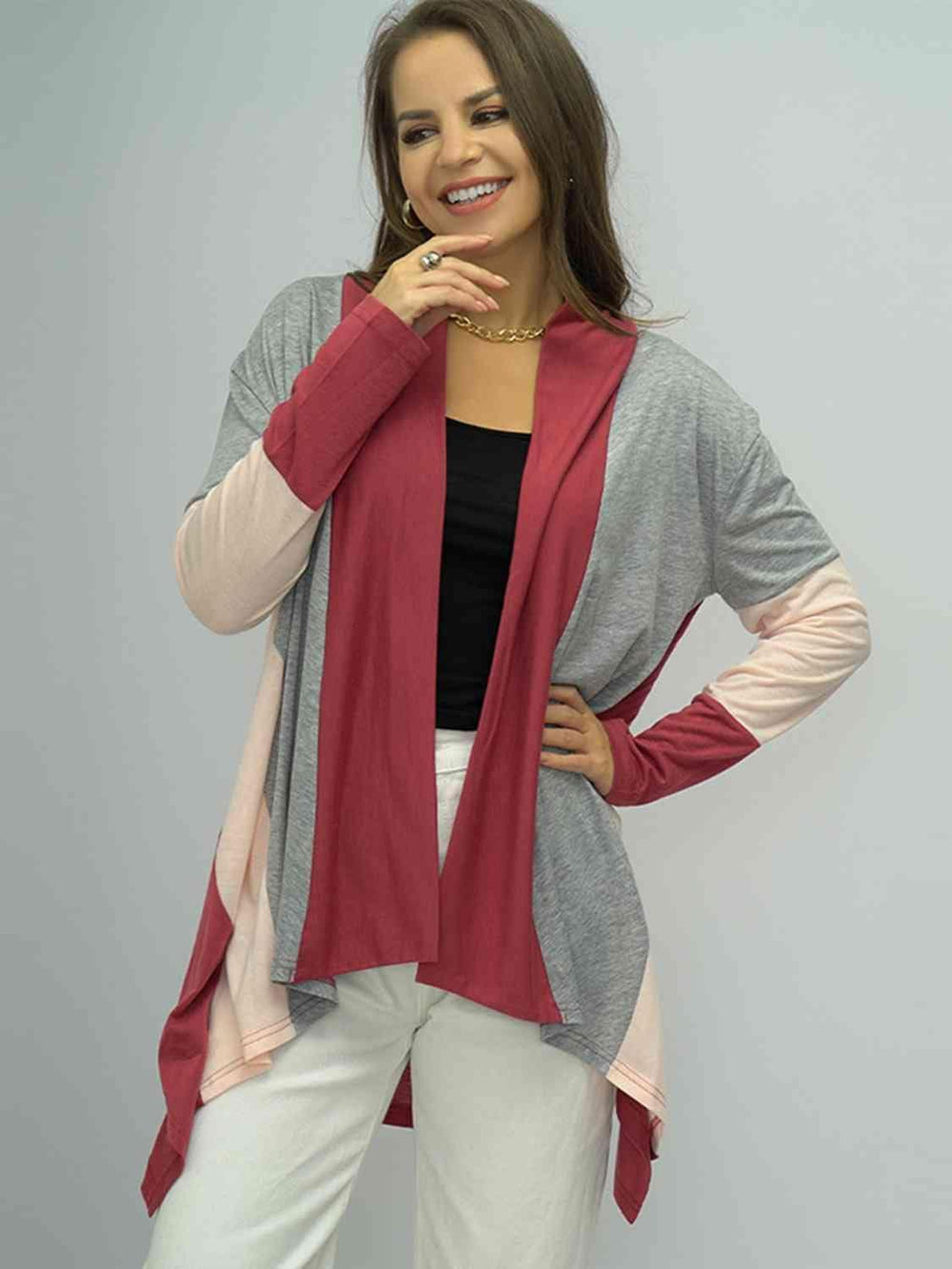 Color Block Open Front Cardigan - Trendsi