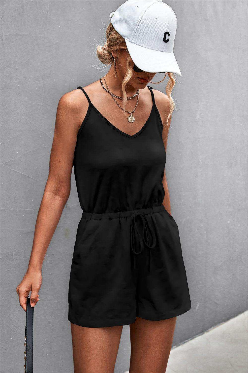 Spaghetti Strap V-Neck Pocket Romper - Trendsi - Flyclothing LLC